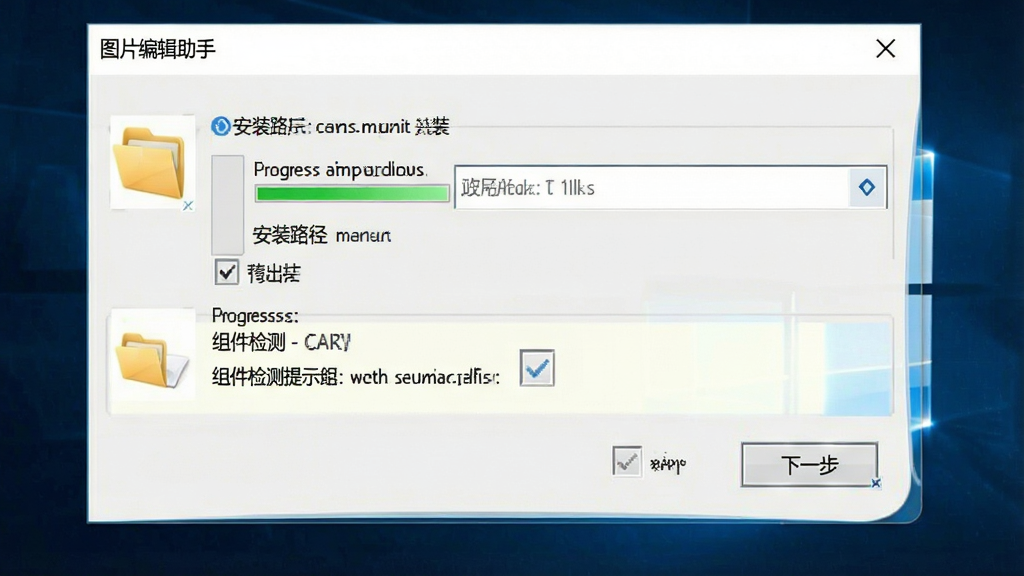 一张电脑端软件操作教程示意图,主体是“图片编辑助手”的安装向导界面,布局为安装路径选择框、组件检测提示、下一步按钮,排版简洁,风格为标准Windows安装界面风格,细节包含文件夹图标、进度提示文字、复选框,画质清晰,画面干净无干扰元素