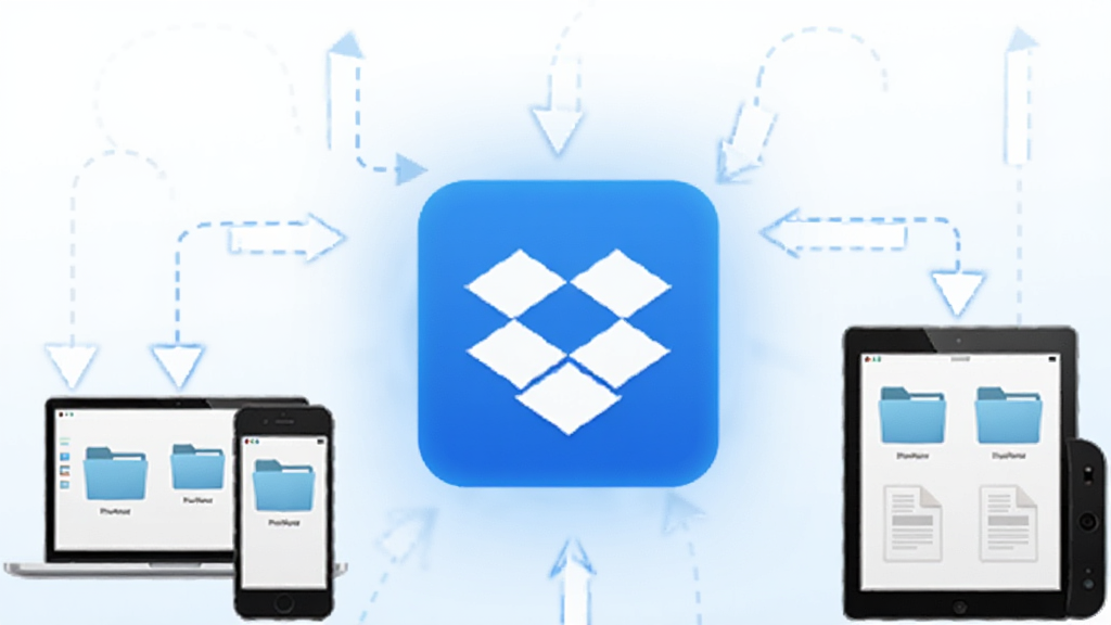 画面中央是一个发光的蓝色方形图标,代表Dropbox,图标周围环绕着笔记本电脑、智能手机、平板电脑三个设备,设备之间用虚线箭头连接,表示文件同步。背景是简约的白色与浅蓝色渐变,整体风格清爽科技感,细节上设备屏幕显示文件夹和文档图标,画质清晰干净,无多余元素。
