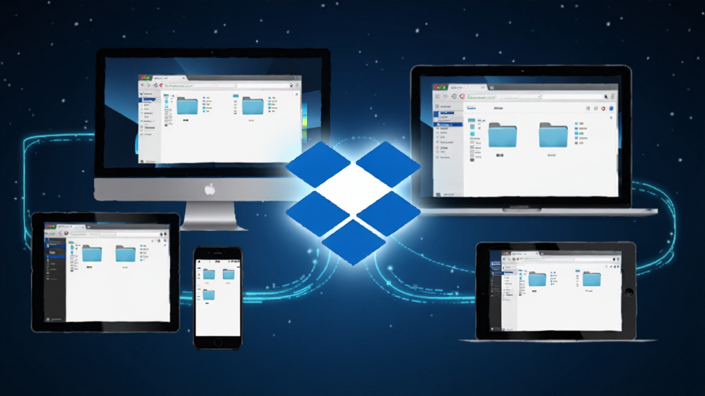 画面中央是一个发光的Dropbox图标,周围环绕着Windows电脑、MacBook、安卓手机、iPhone、平板电脑和网页浏览器窗口,所有设备屏幕上都显示相同的文件夹结构。背景是深蓝色星空渐变,设备之间用亮蓝色数据流连接,风格科技感十足,画质高清,无多余元素。