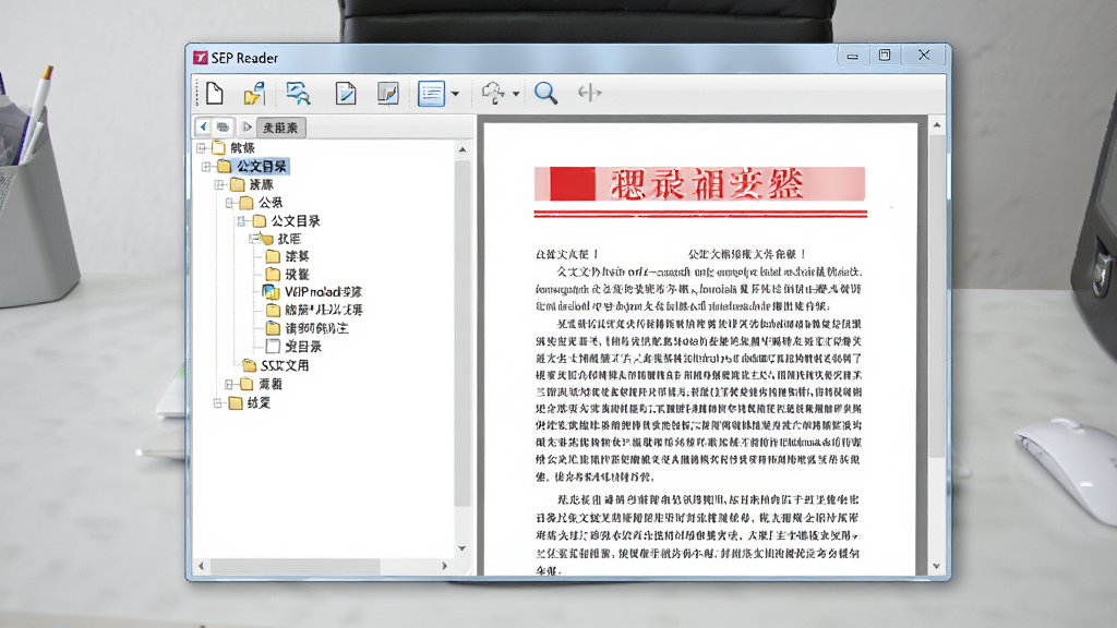 软件主界面展示,画面中央是SEP Reader窗口,左侧显示公文目录树,右侧展示红头文件正文,排版整齐,顶部工具栏简洁,背景为浅灰色办公桌面,风格写实商务,细节清晰,画质干净,无多余元素