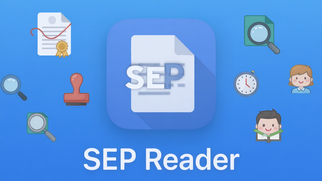 SEP Reader软件图标悬浮在简洁的蓝色渐变背景中央,图标下方显示软件名称,周围环绕着文档、印章、放大镜等小图标,风格扁平化,色彩清爽,画质清晰,无多余元素