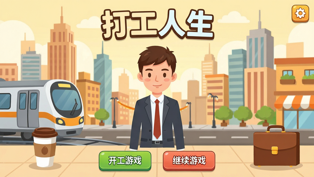 一款以都市职场为背景的手机模拟经营游戏主界面,画面中央是一位穿着通勤装的年轻上班族,背景是高楼林立的城市天际线,屏幕上显示游戏标题「打工人生」,下方有开始游戏、继续游戏等按钮,整体采用卡通扁平化风格,色彩明亮温暖,细节包括地铁、咖啡杯、公文包等职场元素,画质清晰,干净整洁,无多余元素