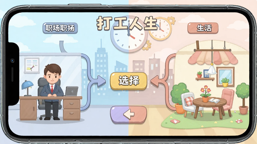 手机游戏界面展示「打工人生」的多分支人生选择系统,画面分为左右两部分,左侧是职场场景,右侧是生活场景,中间有选择按钮和箭头指示,背景有城市剪影和时钟元素,风格为清新卡通风,色彩柔和,布局对称,画质清晰,无多余元素