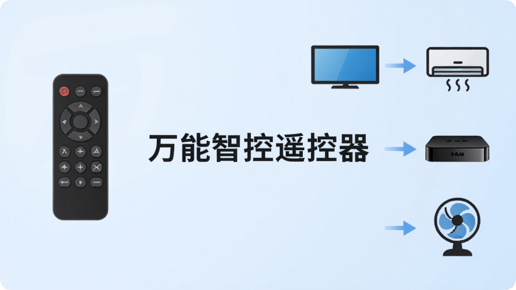 画面主体是万能智控遥控器的功能对比示意图,画面左侧是万能智控遥控器的图标,右侧排列着电视、空调、机顶盒、风扇等家电图标,中间用箭头连接。背景是柔和的浅蓝色渐变,整体风格简洁明快。画面中央文字显示