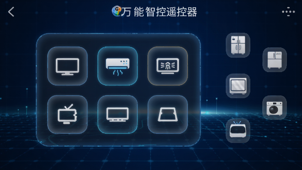 画面主体是万能智控遥控器的APP界面截图,画面中央是一个巨大的虚拟遥控器按键面板,按键上分别标注着电视、空调、机顶盒的图标。界面背景是深蓝色的科技感网格,按键带有轻微的发光效果。画面右侧漂浮着几个家电的小图标,表示正在被控制。整体风格为UI设计展示图,画质清晰锐利,文字显示
