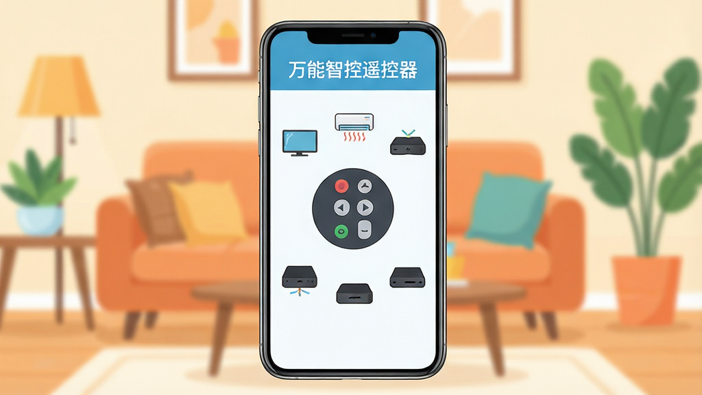画面主体是一部智能手机,手机屏幕显示万能智控遥控器的APP界面,界面中央有一个圆形的万能遥控器图标,图标周围环绕着电视、空调、机顶盒等家电的简笔画图标。背景是温馨的客厅场景,有沙发和绿植。整体风格为扁平化科技风,色彩明亮清新。手机屏幕上的文字需要清晰显示