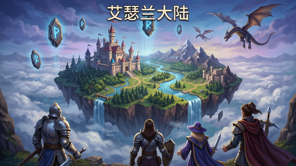 一幅奇幻风格的游戏场景插画,画面中央是一座漂浮在云海之上的魔法大陆,大陆上有城堡、森林、山脉与河流,天空中悬浮着发光的符文石,远处有飞龙掠过,画面下方有几位身穿铠甲与法袍的冒险者角色背对观众眺望远方,整体色调以蓝紫色与金色为主,风格为欧美奇幻CG插画,细节丰富,画质高清,干净,无多余元素,画面中带有“艾瑟兰大陆”文字标题