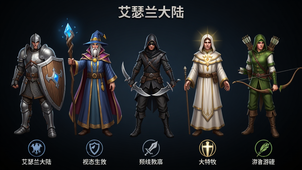 一张游戏角色职业展示图,画面中并排站立五位不同职业的奇幻角色,从左到右分别是持盾战士、法杖法师、双刃刺客、圣光牧师、弓箭游侠,每个角色脚下有对应的职业图标与名称标签,背景为深色渐变,风格为游戏角色原画,画质高清,干净,无多余元素,画面中带有“艾瑟兰大陆”文字
