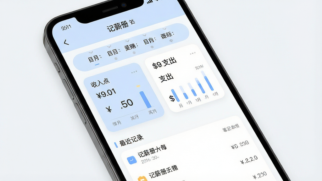 一张干净的手机应用界面截图,展示“记薪册”软件首页,主体是一个简约的薪资仪表盘,布局分为顶部月份选择栏、中部收入与支出卡片、底部最近记录列表,排版清晰整齐,风格为现代扁平化设计,细节包括柔和的蓝色与白色搭配、圆角卡片、清晰的中文数字与图表,画质高清,干净,无多余元素