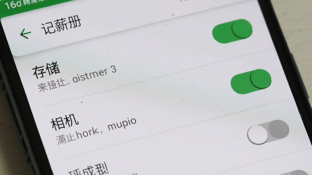 一部安卓手机屏幕特写,显示“记薪册”应用的权限设置页面,主体是权限开关列表,布局为纵向排列,排版清晰展示存储、相机等权限项,风格为原生安卓设置界面风格,细节包括绿色开启状态按钮、灰色关闭状态按钮、中文权限说明文字,画质高清,干净,无多余元素