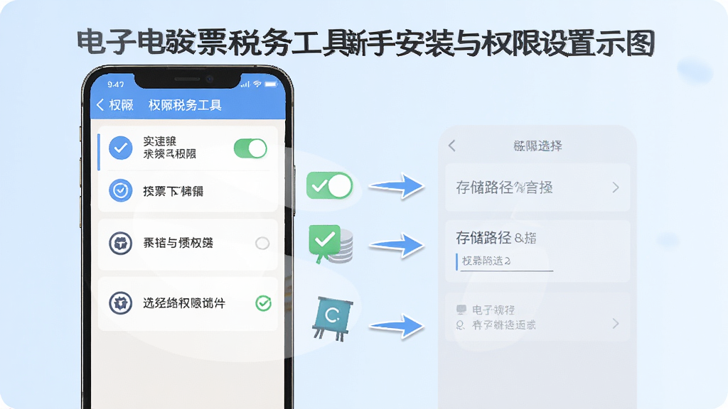 电子发票税务工具新手安装与权限设置示意图,画面为手机屏幕截图风格,展示权限开关列表与存储路径选择界面,背景为淡蓝色渐变,风格为教程图解风,细节包括权限图标、勾选框、箭头指引,画质清晰干净无多余元素