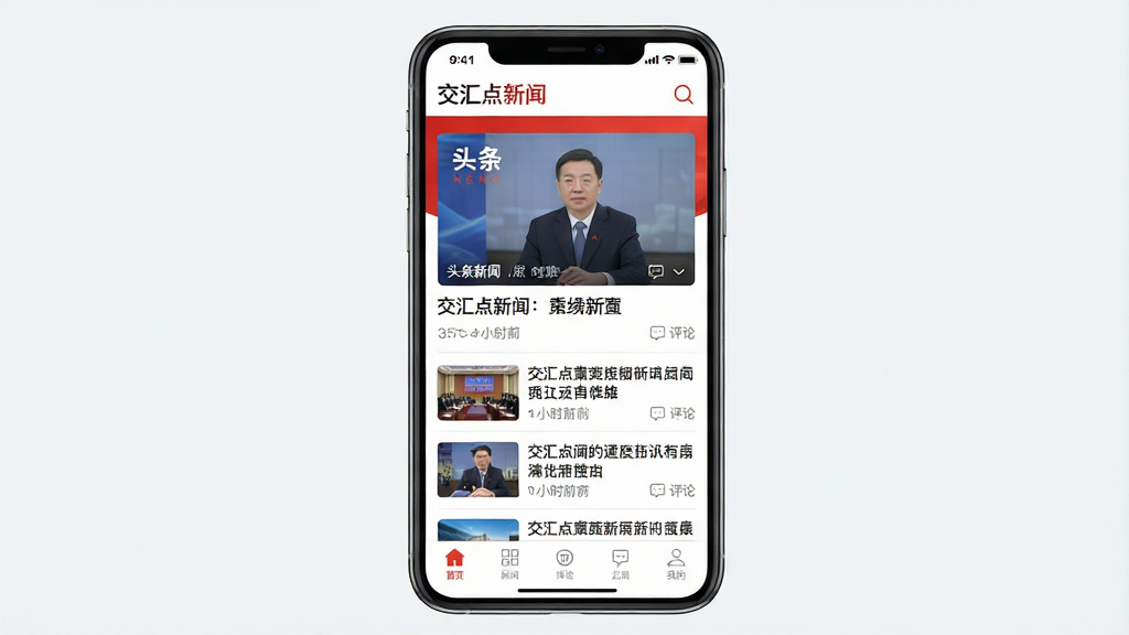 一张展示交汇点新闻手机客户端首页界面的图片,主体为竖屏手机屏幕,屏幕内呈现新闻资讯信息流布局,顶部有“交汇点新闻”文字标识和搜索图标,中部为头条新闻大图卡片与标题列表,底部为频道导航栏,布局清晰层次分明,排版采用现代新闻类App的简洁风格,细节包括红色主题色点缀、新闻缩略图、时间戳与评论图标,画面整体干净无多余元素,风格为扁平化UI设计,画质高清,文字清晰锐利