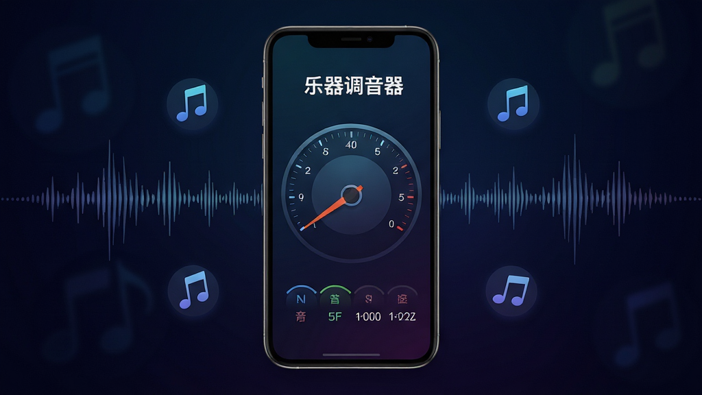 软件主界面居中展示,上方为乐器调音器文字标识,中间为圆形调音指针表盘,指针偏向左侧,下方为音名与频率数值,背景为深色渐变,手机屏幕悬浮在画面中央,周围点缀音符图标与声波纹理,整体风格简洁科技感,布局清晰对称,细节干净利落,画质高清无多余元素。