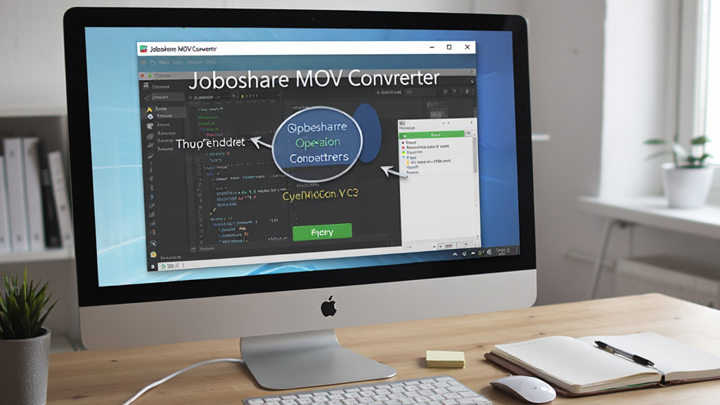 一张展示Joboshare MOV Converter使用技巧的图片,主体是电脑屏幕上软件运行界面和旁边放置的笔记本,布局为软件窗口占主要位置,排版自然,风格为办公学习风,细节包括