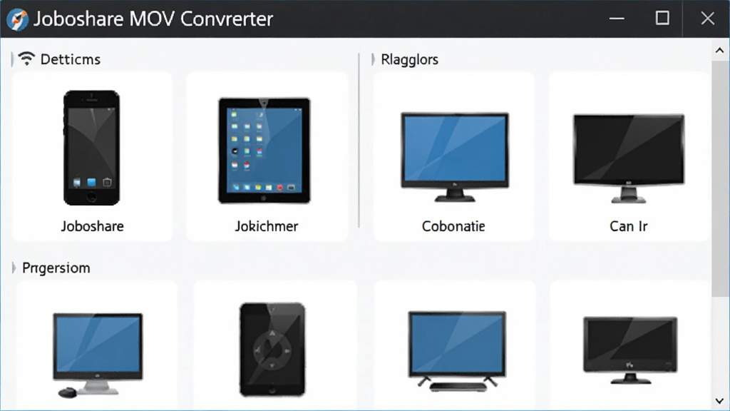 一张展示Joboshare MOV Converter设备预设功能的图片,主体是软件界面中的设备选择列表,布局为分类展示各种设备图标,排版直观,风格为移动设备适配风,细节包括
