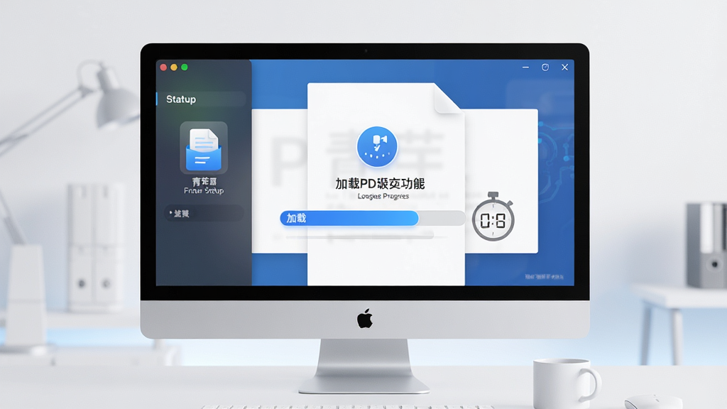 青苹PDF阅读器极速加载功能展示图,主体为软件启动界面与加载进度条,布局为电脑屏幕正中央显示文档加载完成提示,排版简洁,风格为科技感现代风,细节包括蓝色进度条、文件图标、秒表计时元素,画质高清,干净,无多余元素
