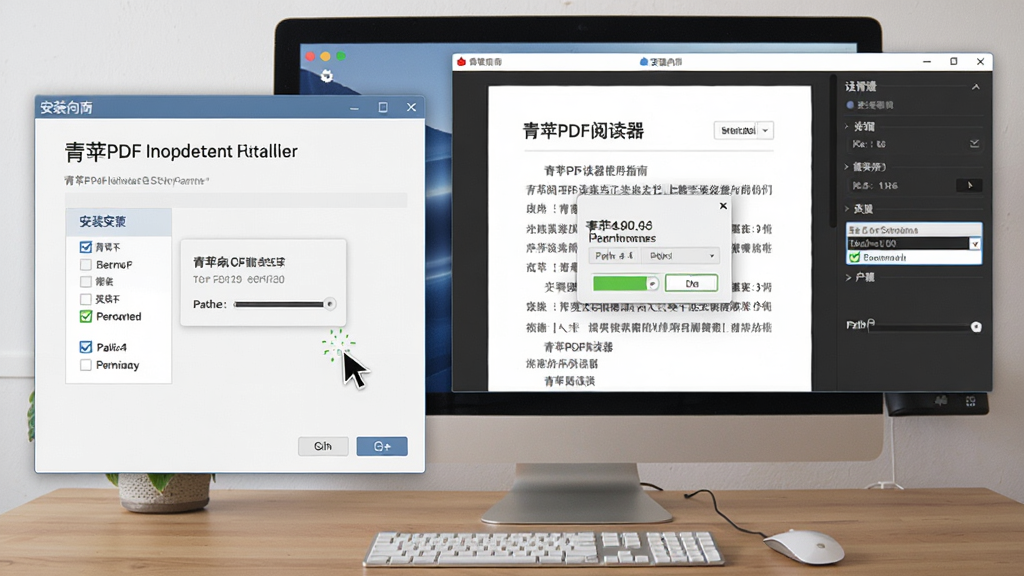 青苹PDF阅读器使用指南场景图,主体为电脑桌面上的软件操作界面,布局为左侧显示安装向导窗口,右侧展示阅读界面与设置面板,风格为教程图解风,细节包括鼠标指针、勾选框、权限弹窗、路径选择框,画质高清,干净,无多余元素