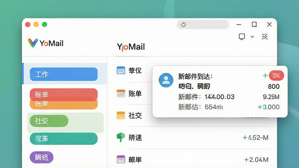 一张展示YoMail邮件智能分类与提醒功能的界面预览图,画面主体为YoMail软件窗口,左侧显示多个彩色标签分类如工作、账单、社交等,右侧弹出桌面通知提醒框显示新邮件到达,布局整齐,排版现代,风格为清爽的办公软件界面,细节包括标签色块、通知图标、邮件数量角标等,画质清晰,画面干净,无多余元素