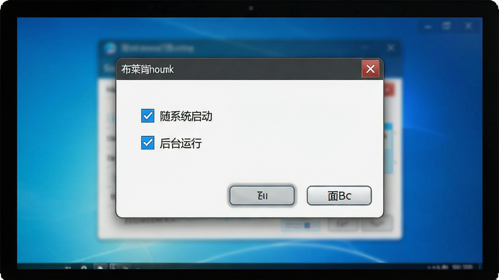 一张展示布莱叶读屏软件新手安装设置界面的图片,画面主体是电脑屏幕上的安装向导窗口,窗口中显示着“随系统启动”和“后台运行”的勾选项,布局为居中弹窗式构图,排版简洁明了,风格为软件安装界面风格,细节包括勾选框的高亮和按钮的立体效果,画质高清,干净,无多余元素