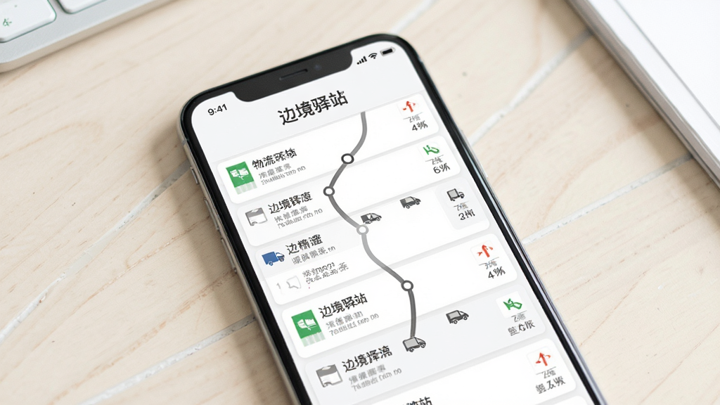 边境驿站应用在手机上的查询结果与物流时间轴展示图,画面中央为手机屏幕特写,屏幕内显示快递物流轨迹列表,顶部有“边境驿站”字样,背景为简洁的浅色桌面,风格清新明亮,画质清晰,干净,无多余元素