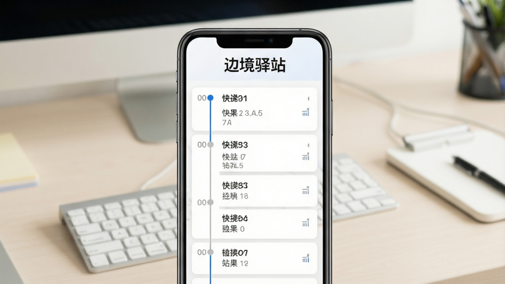 边境驿站快递单号查询功能展示图,画面中央是手机界面,显示快递查询结果的时间轴列表,上方有“边境驿站”文字标识,背景为浅色办公桌面,风格简洁商务,画质清晰,干净,无多余元素