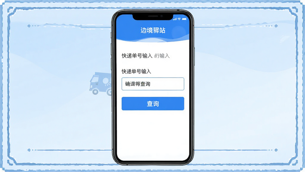 边境驿站软件主界面预览图,手机屏幕居中放置,展示应用首页的快递单号输入框和查询按钮,界面采用蓝白配色,背景为淡蓝色渐变,屏幕周围有简洁的边框装饰,整体风格清新简约,画质清晰,干净,无多余元素