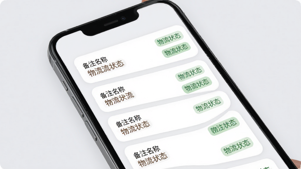 边境驿站多单号管理界面图,手机屏幕展示一个快递单号列表,每个条目有备注名称和物流状态标签,界面采用卡片式设计,背景为柔和浅灰色,风格素雅极简,画质清晰,干净,无多余元素