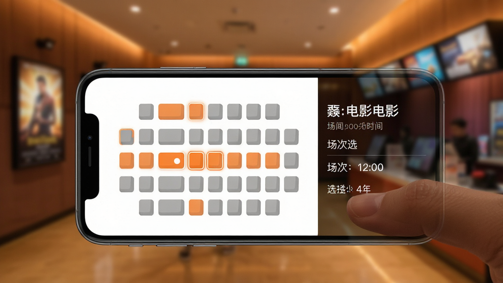 һ��չʾ������ӰAPP����ѡ�����ܵĻ��棬�ֻ���Ļ�������ӰԺ��λͼ����ѡ��λ�ó�ɫ��ǣ�δѡ��λΪ��ɫ���Ҳ���ʾ��Ӱ���ƺͳ���ʱ�䣬������ģ����ӰԺ��������������ɫ����ů����������������ִ���࣬����ϸ��ɾ�