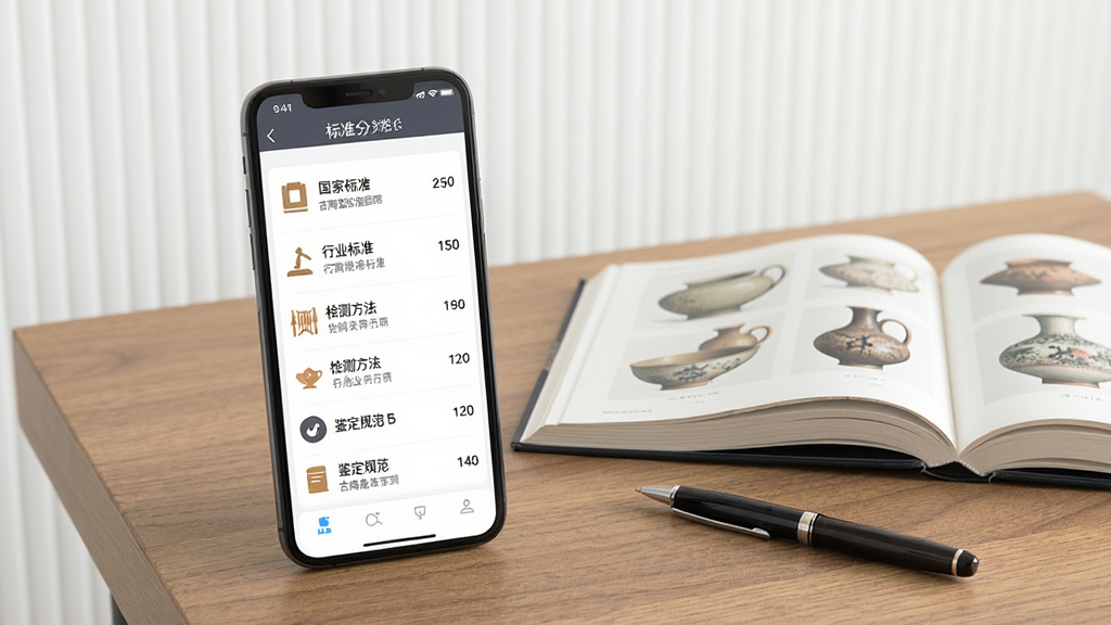 一张展示古陶瓷标准检索软件数据分类界面的效果图,画面中手机屏幕显示古陶瓷标准检索APP的标准分类页面,列表项包括国家标准、行业标准、检测方法、鉴定规范等,每个分类旁边有对应的图标和数量标注,手机放置在木质桌面上,旁边有一本翻开的陶瓷图录和一支笔,背景简洁干净,风格写实,画质高清,画面中文字清晰显示古陶瓷标准检索