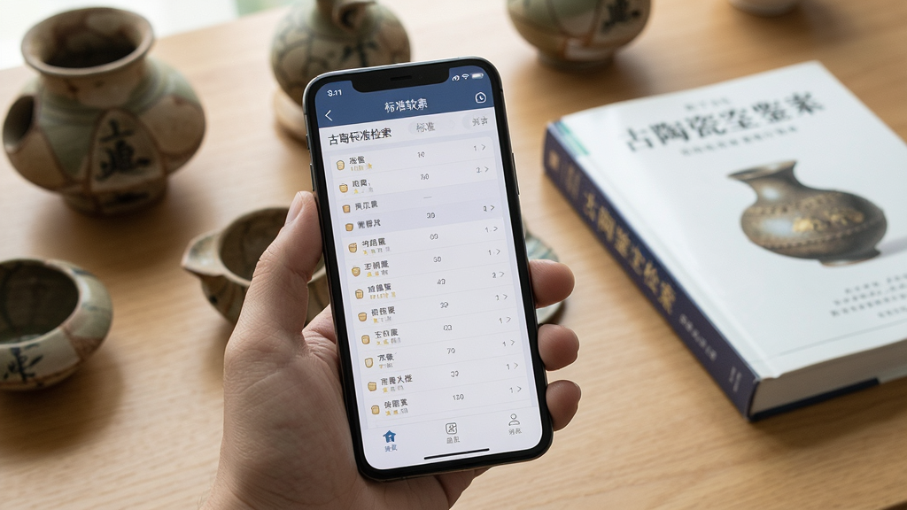 一张展示古陶瓷标准检索软件在手机上运行的实拍图,画面中一只手拿着手机,手机屏幕显示古陶瓷标准检索APP的标准列表页面,背景是书桌上摆放的几件古陶瓷标本和一本陶瓷鉴定书籍,光线柔和,风格写实,画质高清,干净无多余元素