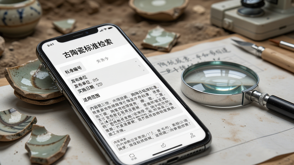 一张展示古陶瓷标准检索软件标准详情页的效果图,画面中手机屏幕显示某条古陶瓷检测标准的详情页面,包含标准编号、发布单位、实施日期、适用范围和内容摘要,页面排版清晰,手机放置在陶瓷碎片和放大镜旁边,背景为考古工作台场景,风格写实,画质高清,画面中文字清晰显示古陶瓷标准检索