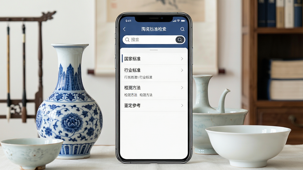 一张展示古陶瓷标准检索软件界面的手机应用截图,画面中央是手机屏幕,屏幕内显示古陶瓷标准检索APP的首页,顶部有搜索框,下方分类列表包含国家标准、行业标准、检测方法、鉴定参考等条目,手机周围环绕着几件精美的古陶瓷器物如青花瓷瓶、白瓷碗,背景是淡雅的书房场景,整体风格写实、清晰、干净,画质高清,无多余元素