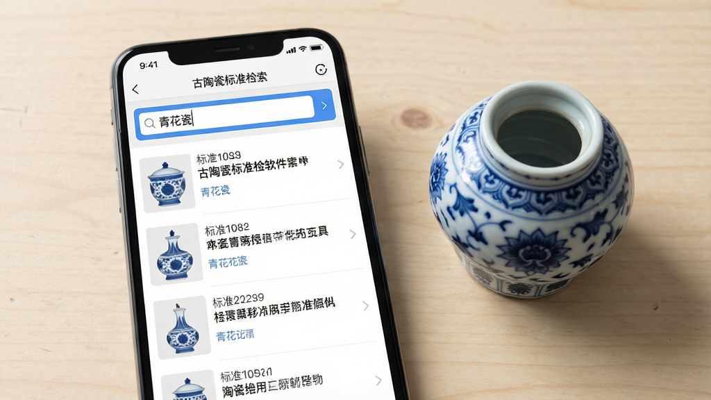 一张展示古陶瓷标准检索软件搜索功能的界面截图,画面中手机屏幕显示古陶瓷标准检索APP的搜索页面,搜索框内输入了青花瓷关键词,下方展示多条搜索结果,每条结果包含标准编号和标题,手机旁有一件青花瓷小罐作为装饰,背景为浅色桌面,风格写实,画质高清,干净无多余元素