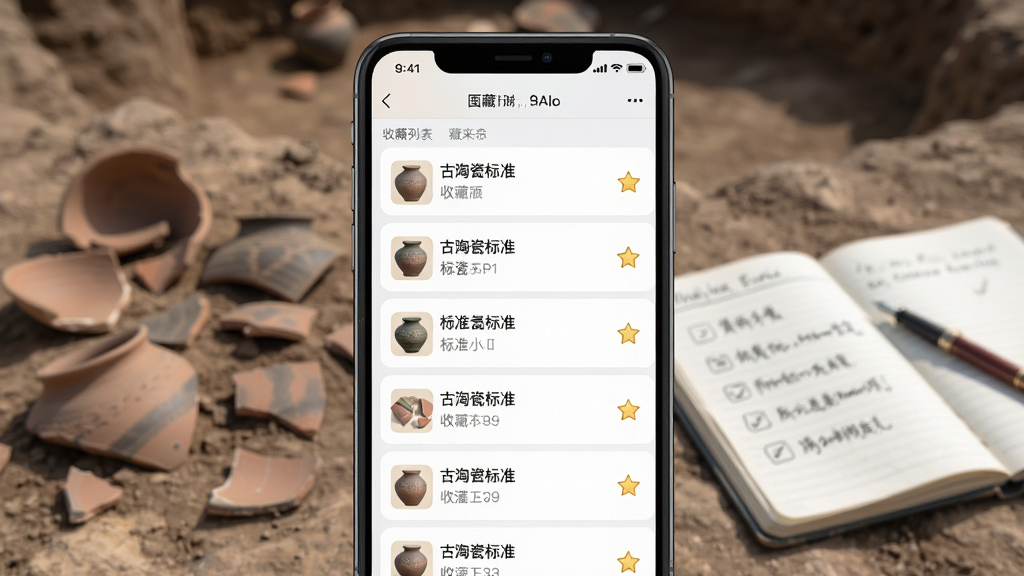 一张展示古陶瓷标准检索软件收藏夹功能的界面图,画面中手机屏幕显示古陶瓷标准检索APP的收藏列表页面,列表中有多条已收藏的标准条目,每条右侧有星标图标,手机放置在户外考古现场的环境中,远处有陶器碎片和记录本,风格写实,画质高清,干净无多余元素