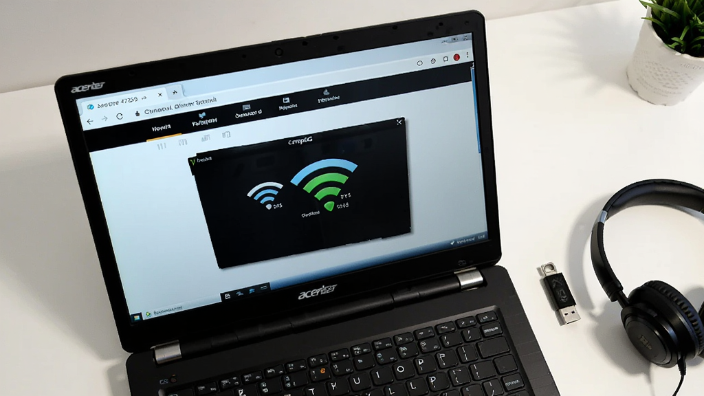 Acer宏Aspire 4750G笔记本网卡驱动安装完成后的网络连接成功界面,电脑屏幕显示WiFi信号满格和浏览器正常打开网页,笔记本旁边放着一个U盘和一副耳机,桌面整洁,俯拍视角,明亮清新风格,高清画质