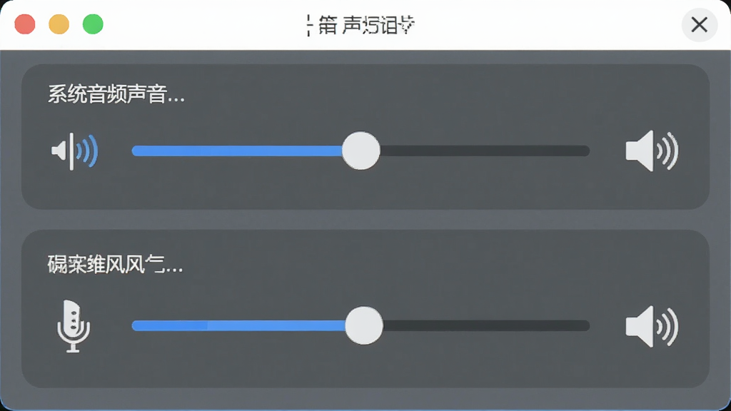 一张展示录屏宝声音设置面板的图片,主体是软件音频调节界面,布局上方为系统声音滑块,下方为麦克风声音滑块,排版简洁明了,风格清新浅色,细节包含音量波形图标和扬声器图标,画质高清,干净,无多余元素