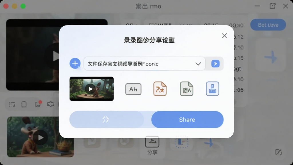 一张展示录屏宝视频导出与分享界面的图片,主体是软件导出完成弹窗,布局包含文件保存路径和分享按钮,排版清晰,风格柔和圆角,细节包含视频缩略图和格式图标,画质高清,干净,无多余元素