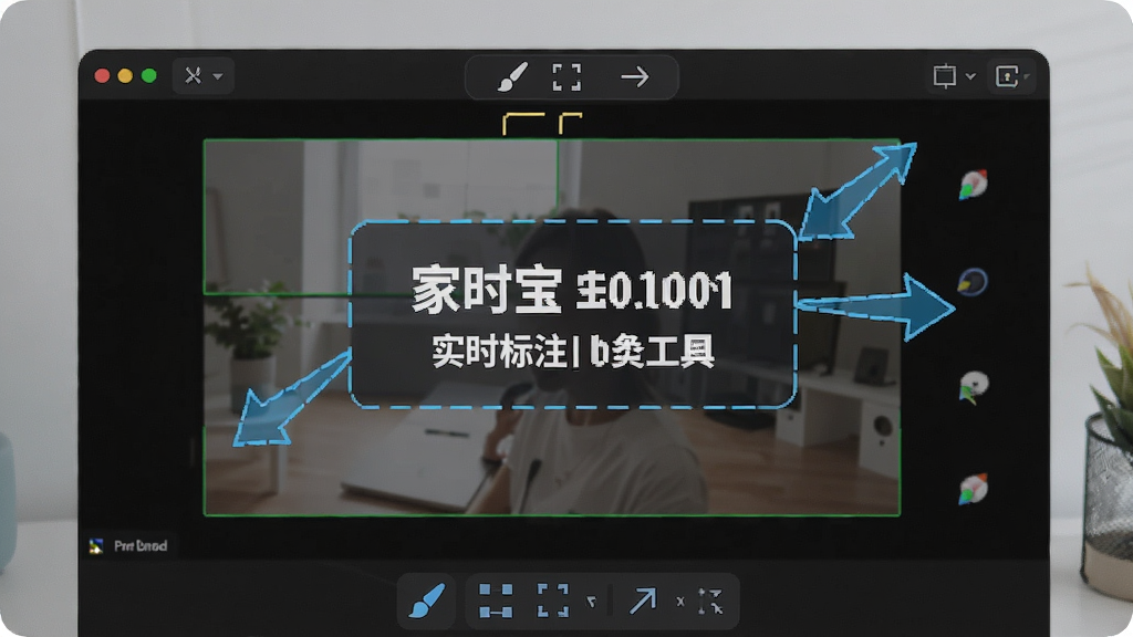 一张展示录屏宝实时标注工具的图片,主体是录制中的屏幕画面,布局中央有文字标注框和箭头图形,排版自然,风格现代科技感,细节包含工具栏上的画笔、方框、箭头图标,画质高清,干净,无多余元素