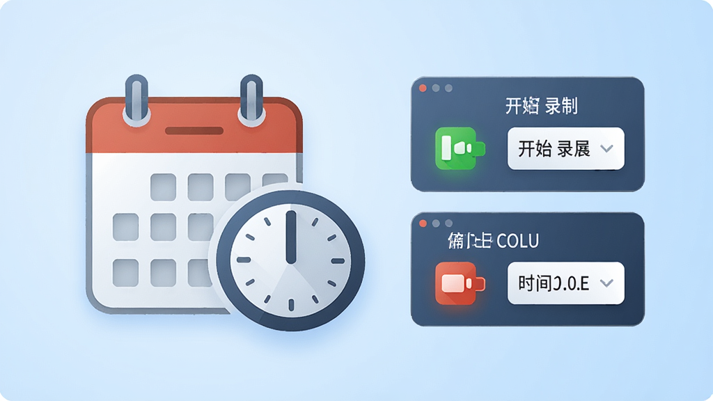 一张以迅捷屏幕录像工具定时录制功能为主题的图片,画面中央是一个日历与时钟组合的图标,旁边有开始录制和停止录制的时间设定面板,背景为浅蓝色渐变,风格为简约商务风,细节精致、排版清晰,画质高清、干净、无多余元素