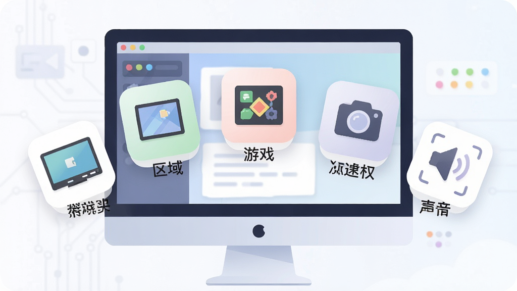 一张以迅捷屏幕录像工具多模式录制为主题的插画,画面主体是一个电脑屏幕,屏幕前方悬浮着全屏、区域、游戏、摄像头、声音五种录制模式图标,每个图标下方配有简洁的文字标注,布局呈扇形排列,风格为现代科技扁平风,细节精致、色彩柔和,画质高清、干净、无多余元素
