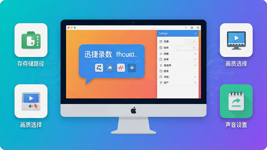 一张展示迅捷屏幕录像工具使用技巧的示意图,画面中央是电脑屏幕,屏幕上有快捷键提示气泡和设置面板,周围环绕着存储路径、画质选择、声音设置等图标,布局清晰、排版整齐,风格为现代扁平化科技风,细节精致、色彩明快,画质高清、干净、无多余元素