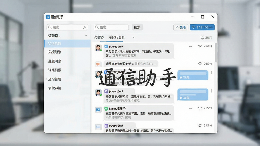 一张展示通信助手消息集中管理功能的界面截图,画面主体为软件窗口内的消息聚合面板,左侧为分类标签,右侧为消息列表,界面采用浅色主题,风格简洁商务,细节包括搜索框、筛选按钮、消息气泡等,画质清晰、干净、无多余元素,图片中标注文字“通信助手”。