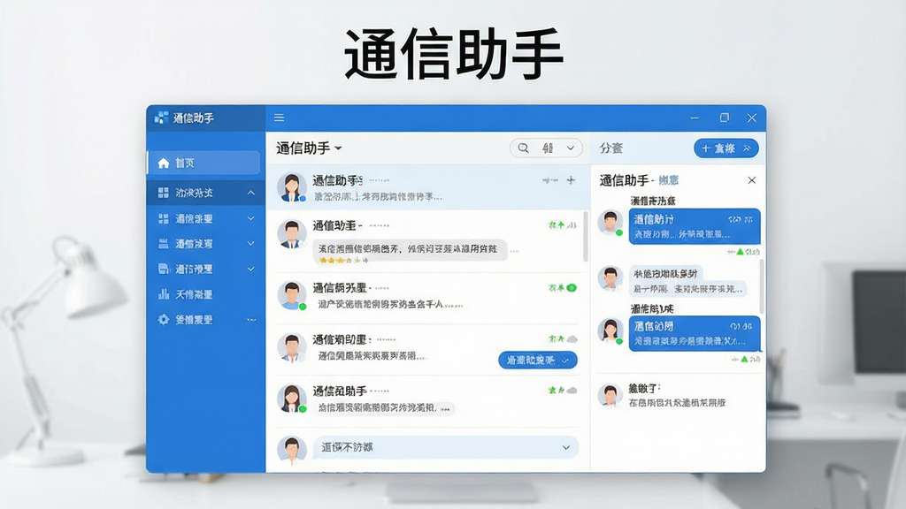 一张展示通信助手软件主界面的全景图,画面中央为软件窗口,左侧为功能导航栏,右侧为聊天会话列表与消息预览区域,界面采用蓝白配色,整体布局整洁清晰,风格为现代商务简约风,细节包括图标、按钮、状态提示等元素,画质高清、干净、无多余元素,图片上方文字标注“通信助手”。