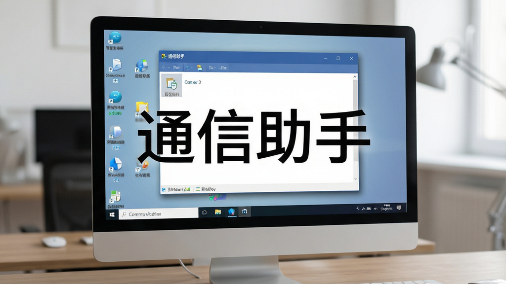 一张展示通信助手在电脑桌面平稳运行的场景图,画面为电脑屏幕,任务栏显示通信助手图标,主窗口处于打开状态,系统资源占用显示较低,风格为写实办公场景,细节包括桌面图标、任务栏、窗口阴影等,画质高清、干净、无多余元素,图片中标注文字“通信助手”。