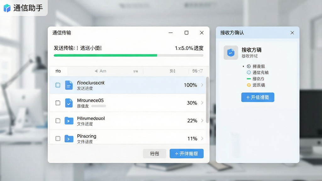 一张展示通信助手文件传输功能的操作界面图,画面中央为文件传输对话框,显示发送进度条与文件列表,右侧为接收方确认区域,风格为清爽浅色商务风,细节包括文件图标、进度百分比、操作按钮等,画质高清、干净、无多余元素,图片中标注文字“通信助手”。