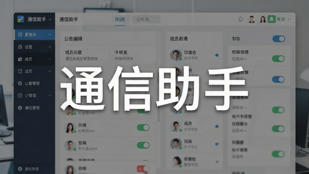 一张展示通信助手群组协作管理面板的界面图,画面主体为群组设置页面,包含公告编辑区、成员列表、权限开关等模块,风格为现代扁平化商务风,细节包括头像、开关按钮、文字标签等,画质清晰、干净、无多余元素,图片中标注文字“通信助手”。