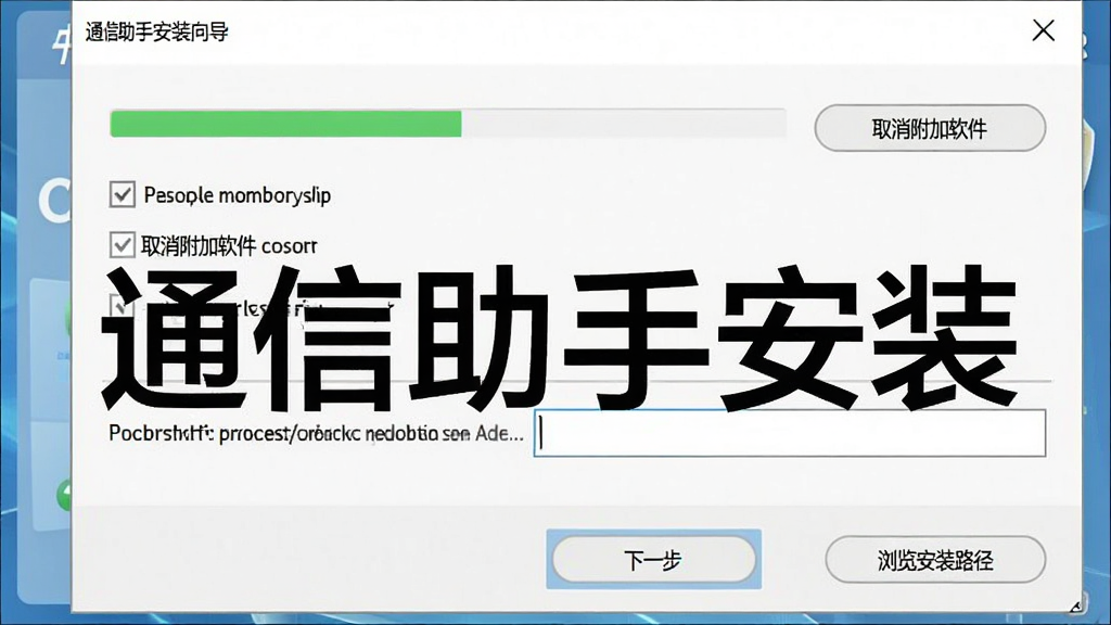 一张展示通信助手安装向导界面的截图,画面为安装程序窗口,包含“下一步”“浏览安装路径”“取消附加软件”等按钮,风格为简洁安装界面,细节包括进度条、复选框、路径输入框等,画质清晰、干净、无多余元素,图片中标注文字“通信助手安装”。