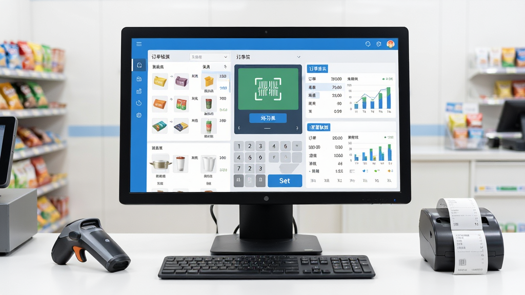������������������ȫòչʾ������������һ̨�򿪵�Windows������ʾ������Ļ�ϳ������������������棬������Ʒ�б���ɨ���������������������뾭Ӫ���ݿ��壬��������ˬ��࣬������ɫΪ���������Ա߰ڷ�ɨ��ǹ��СƱ��ӡ�������廷��Ϊ��������ı���������̨�����־��жԳƣ����дʵ����ϸ�ڰ�����Ʒͼ�ꡢ���ּ��̡����㰴ť������ͼ�������ʸ���ɾ����޶���Ԫ��