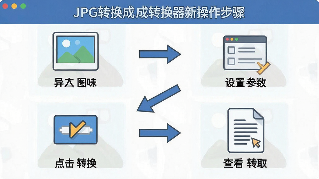 一张展示JPG转换成Word转换器新手操作步骤的图片,主体为软件操作流程图,布局为从上到下分步骤展示,排版清晰,风格为扁平化教程插画,细节包括导入图片、设置参数、点击转换、查看文档四个步骤图标,画质高清,干净,无多余元素