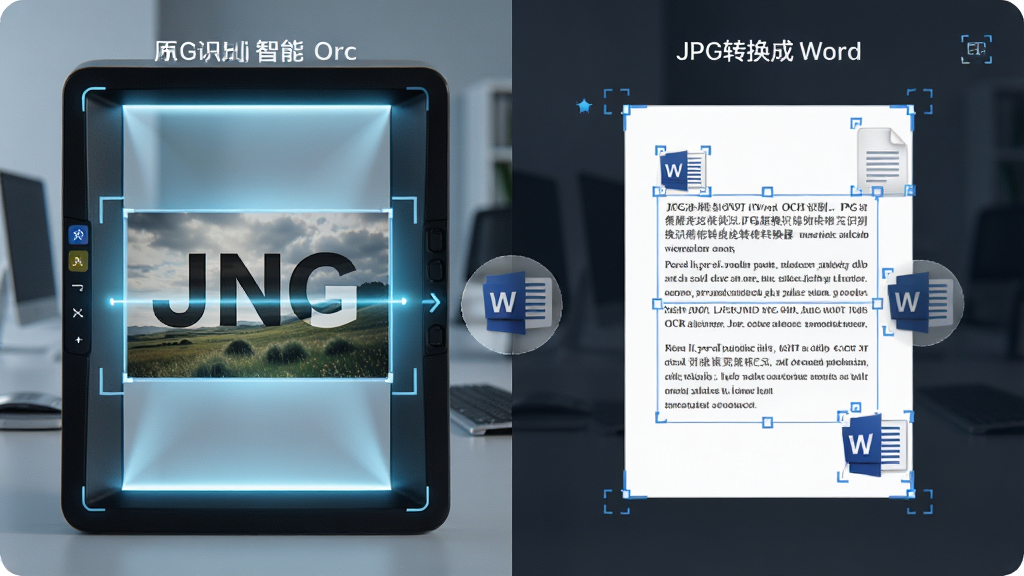 一张展示JPG转换成Word转换器智能OCR识别功能的图片,主体为一张JPG图片正在被扫描识别,布局为左侧原图、右侧识别出的Word文字,排版左右对比,风格为科技感办公场景,细节包括扫描光线、文字识别框、Word文档图标,画质高清,干净,无多余元素